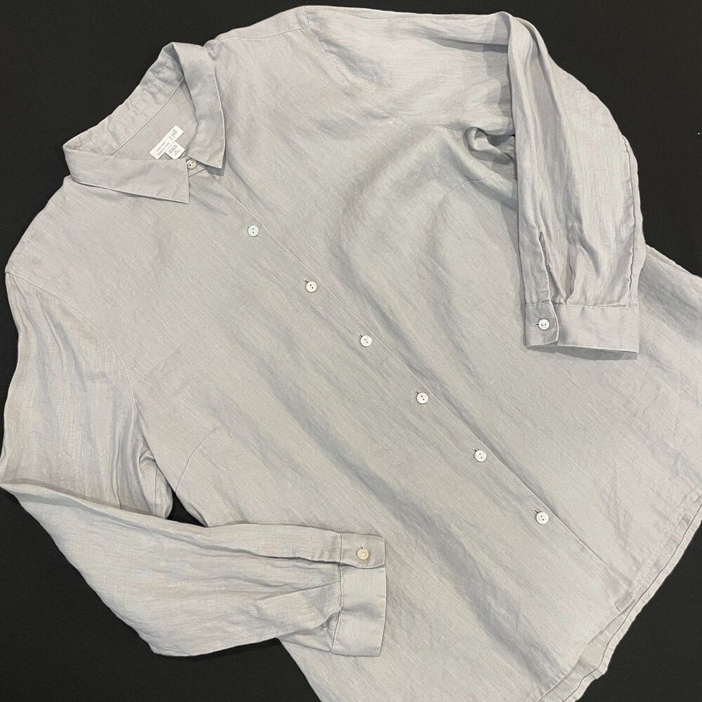 ~ J.Jill XLp Love Linen Essential Shirt Blouse Top Long Sleeve Button Gray PXL